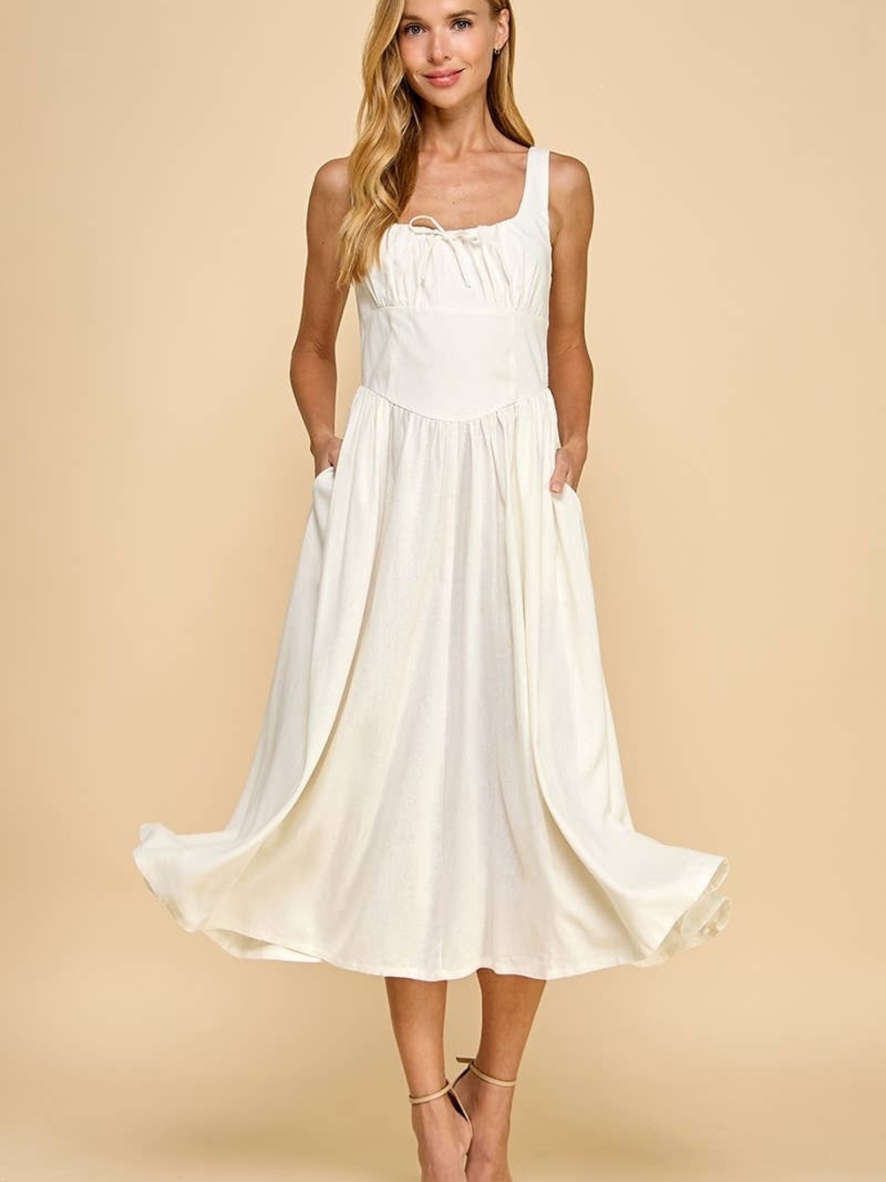 TCEC Cream Midi Sundress with Tie-Front Bodice